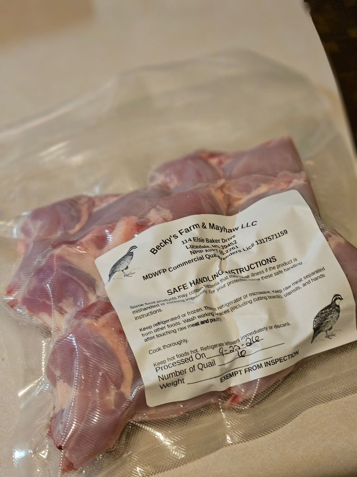 Fresh Quail Meat- Local pick up only email us for scheduling
